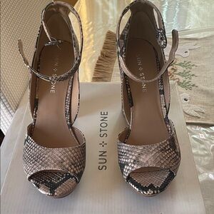 Sun + Stone Taupe Snake-Print Ankle-Strap Heels